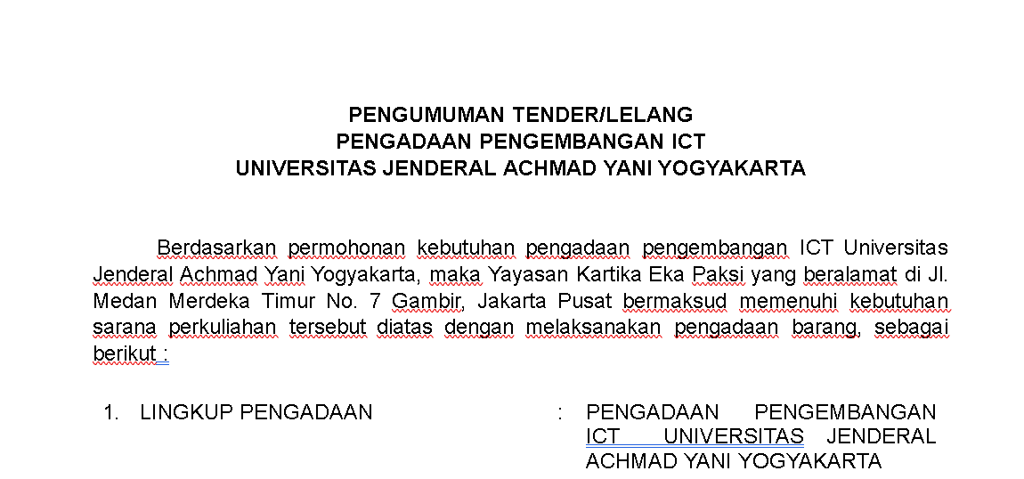 Cover image for "PENGUMUMAN TENDER/LELANG PENGADAAN ICT UNJANI YOGYAKARTA"