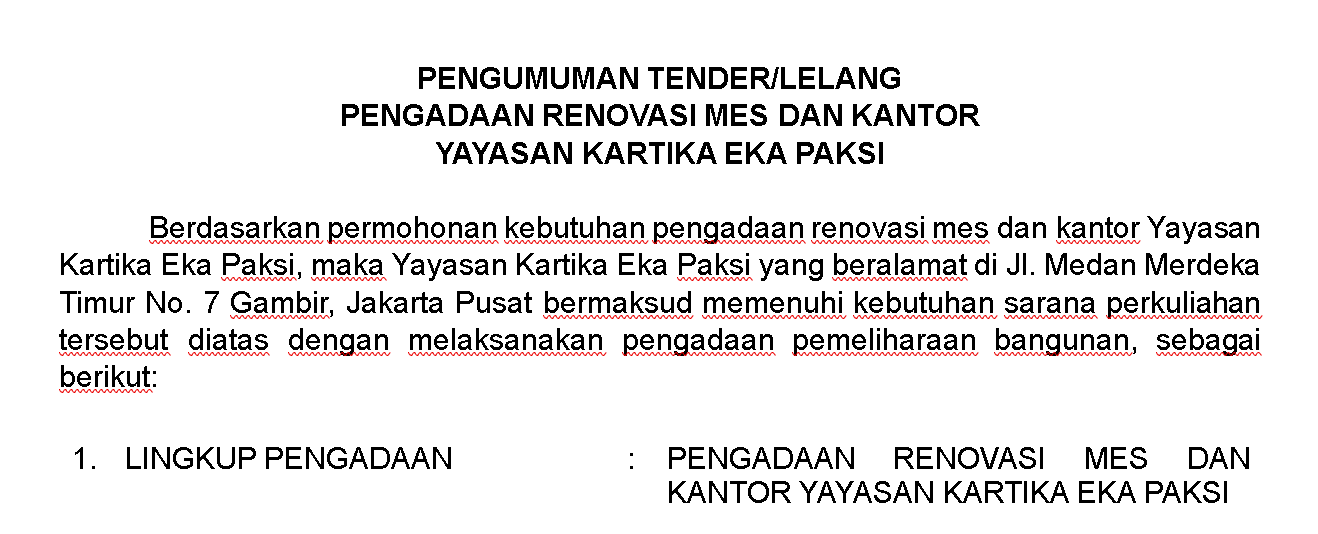 Cover image for "PENGUMUMAN TENDER/LELANG PENGADAAN MES YKEP"